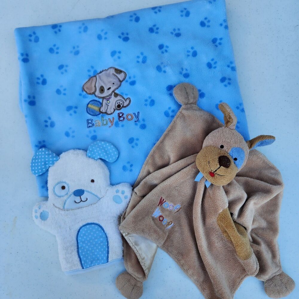 Infant Baby Boy Puppy Dog Blanket and Security Plush Lovey Set - Blue